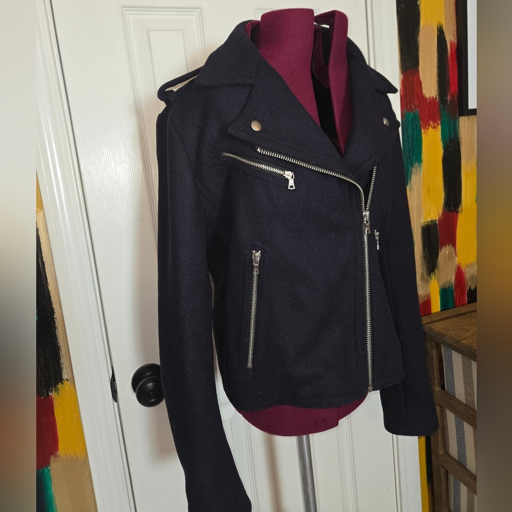GAP Wool Blend Dark Blue Moto Jacket With Zippers Medium - Picture 2 of 10